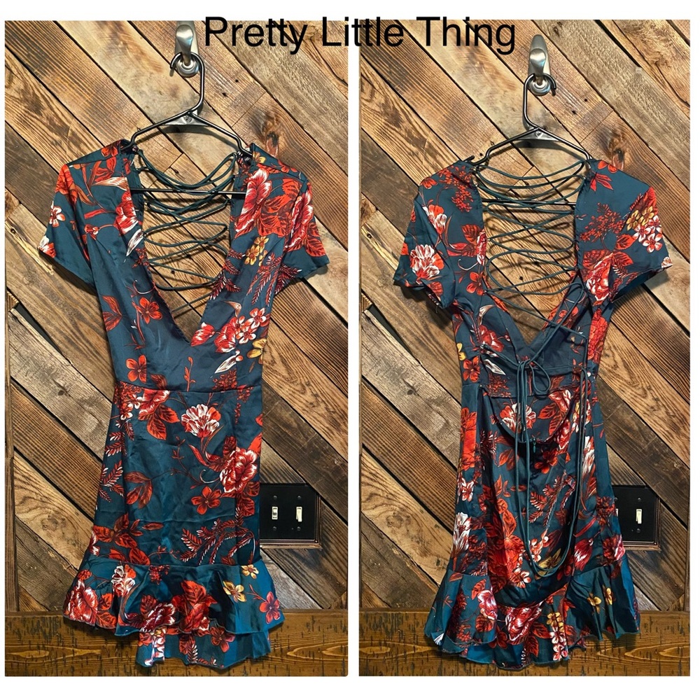 Dark Green Fall Floral Faux Satin Mini Dress